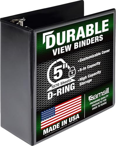 Image of Samsill Durable 5 Inch 3 Ring Binder, D Ring Binder, Customizable Clear View, Black, Holds 1070 Pages
