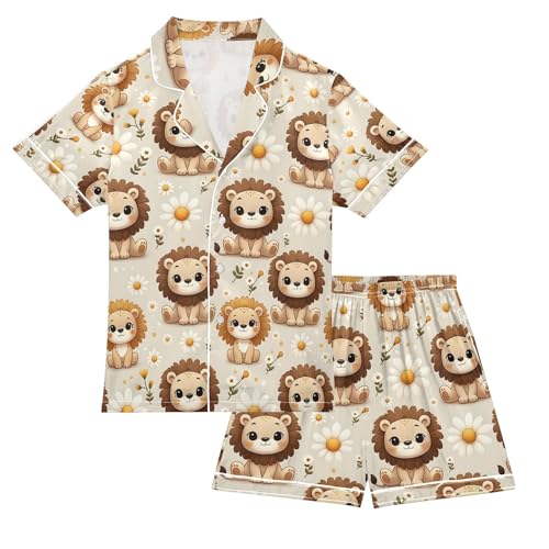 ALAZA Lion Daisy Blossom Floral Pajamas Satin Pajama Set Short Sleeve Button Down Sleepwear