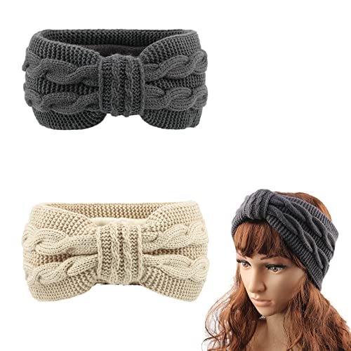 2 Pièces Bandeau Cheveux Femme Hiver Headbands Tricot Élastique Avec Doublure Headbands Bandeau De Tête Tressée Avec Doublure en Peluche Chaud et épais pour Dames/femmes/filles (beige + Gris Foncé) Cover