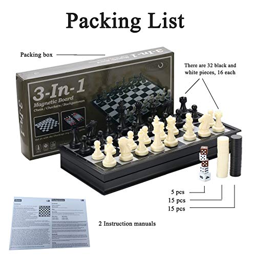Checkers Chess Backgammon Set 3-in-1 Game Set for Kids and Adults,Magnetic Travel Chess Set with Folding Board Travel Educational Board Games,10\" x 10\" - Thumbnail 5