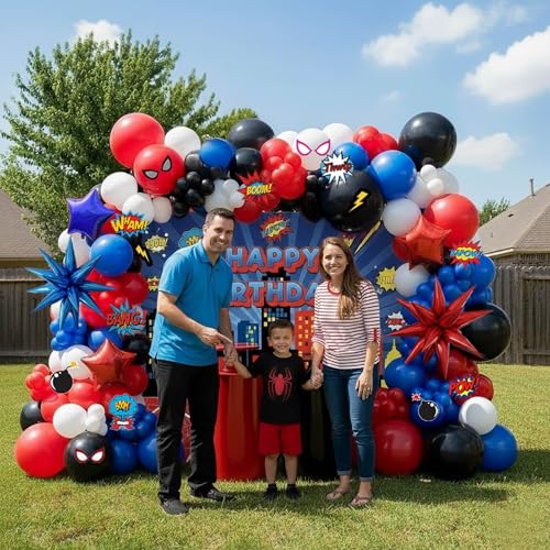 Image of Blue Red Black white Balloon Garland Arch Kit 140PCS with backdrop card stickers Large Starburst mylar balloons for Spider Theme boy birthday Party Man Superhero inspired decorations