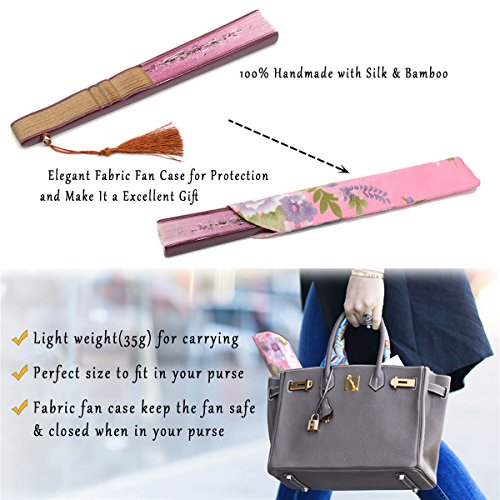 Omytea® "Grassflowers 8.27"(21Cm) Hand Held Folding Fans - With A Fabric Sleeve For Protection For Gifts - Chinese/Japanese Vintage Retro Style (Red) #TOP4