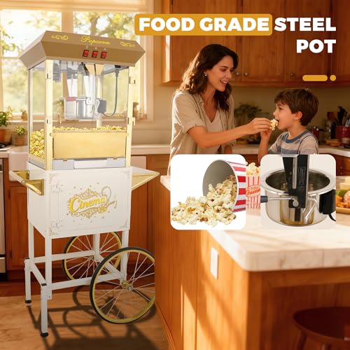 Image of Popcorn Machine with Cart & 16oz kettle for Home /Commercial (Beige) | 850W, Large Capacity, Easy to Use /Clean, Vintage Movie Theater Style, 3 Easy Switches, with Storage, 4 Spoons