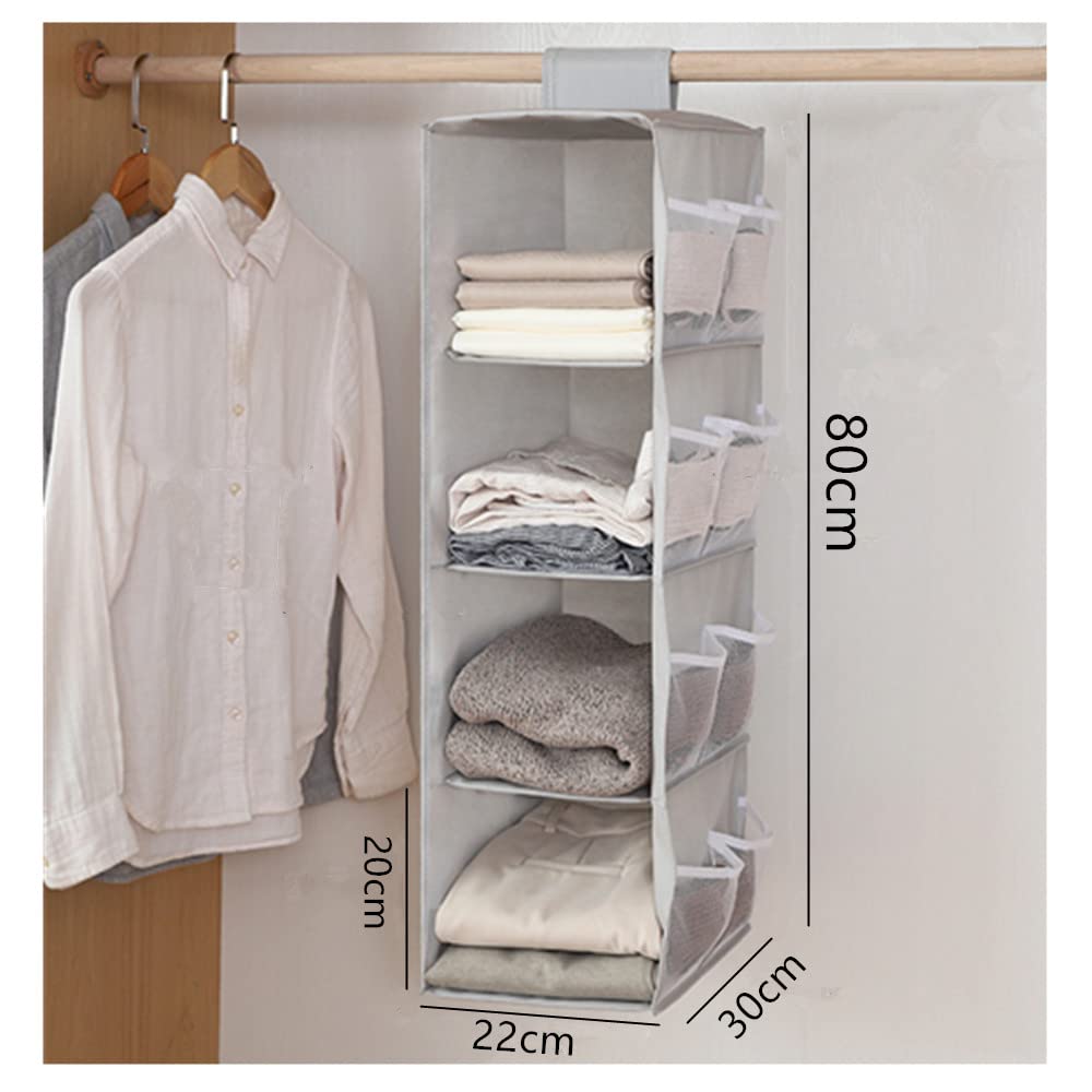 Organizer da Appendere per Armadio,Grigio Organizzatore Armadio Interno, Pieghevole Portattuto da Appendere con 4 Scomparti, con 12 Tasche Laterali a Rete, Organizzatore Armadio da (80 x 30 x 22 cm)