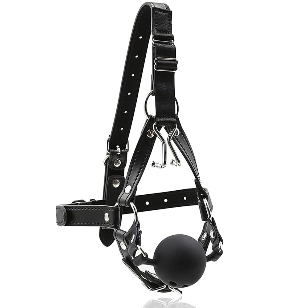 Mordaza de boca de silicona BDSMJOY con gancho nasal de metal y correas de sujeción ajustables, arnés de cabeza con bola de mordaza fetiche grande, juego de coqueteo de bondage (Negro)