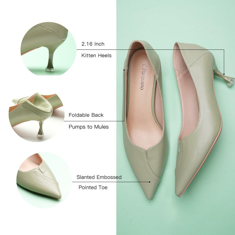 C.Paravano Women's Pointed Toe Kitten Heel Pumps|Wedding, Office & Casual Dress Shoes|Low Heel Work Shoes for Business Meetings, Cocktail Parties, Everyday Wear(Size 11.5,Light Green)4