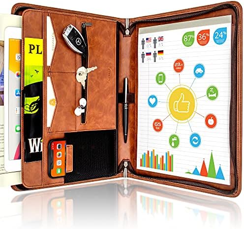 STYLIO Zippered Brown Padfolio Portfolio Binder, Interview Resume Document Organizer. Binder Organizer for iPad/Tablet (up to 11"), Phone & Business Cards. Faux Leather Data Case with Letter Notepad