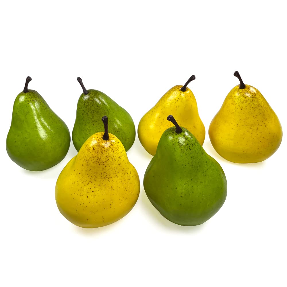 Laiiqi Set di 6 pere artificiali, pere finte realistiche pere gialle pere verdi artificiali, frutti finti finti per la decorazione domestica, feste, fotografia, puntelli