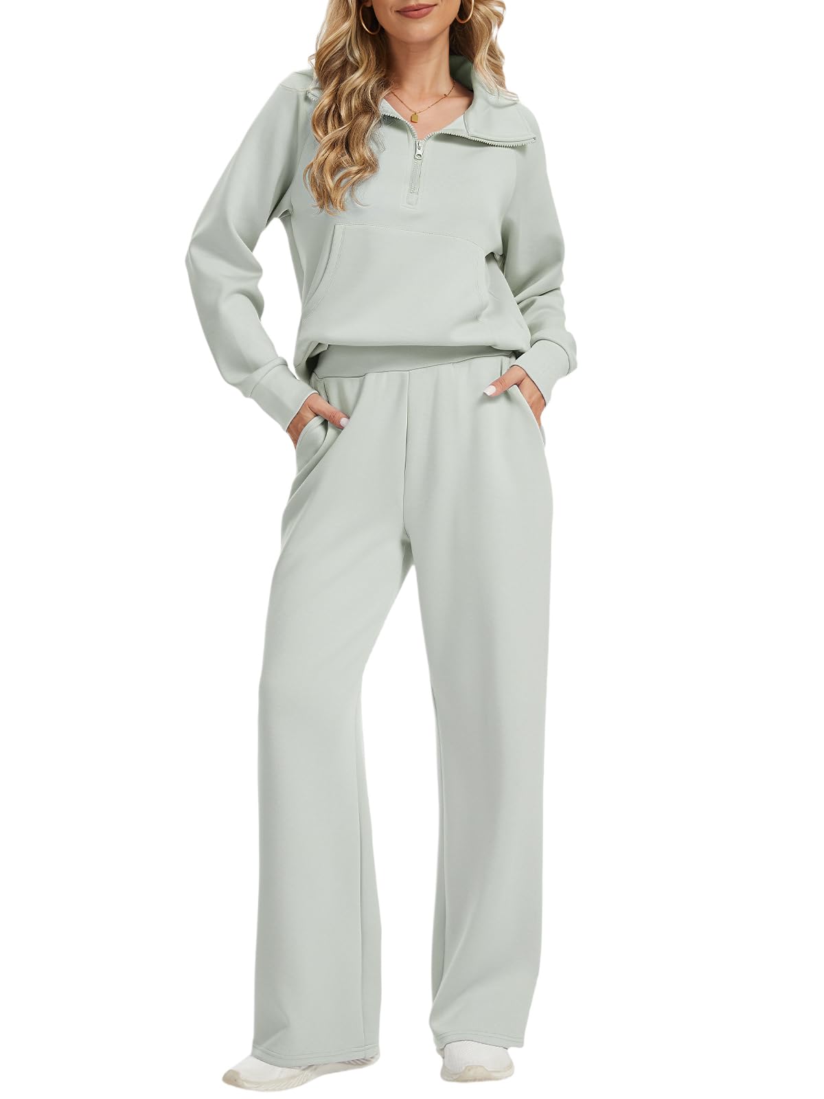 Amzdora Women 2 Piece Outfits Casual Sweatsuit Oversized Sweatshirt With Front Pocket And Wide Leg Pants Tracksuit Sets