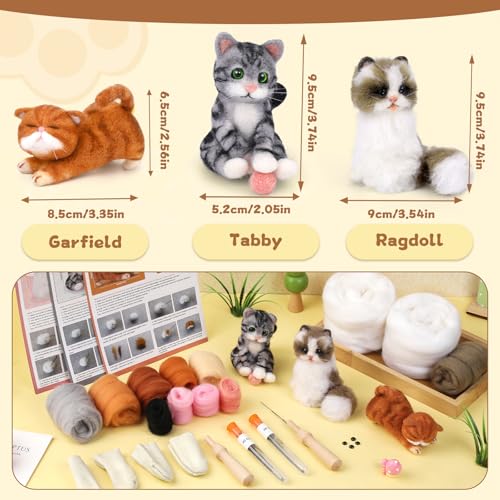 Image of Mayboos Needle Felting Kit, 3 PCS Cat Animal Needle Felting Beginner Kits Wool Felt Needle Felting Tools with Instruction for DIY Craft Animal Home Decoration