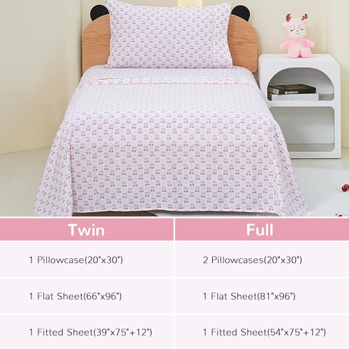 Image of Viviland 3 Pieces Girls Pink Twin Sheet Set - Soft Microfiber Fitted Flat Sheets & Pillowcase - Pink Cherry Bow Print Bedding Sets - for Kids & Toddlers