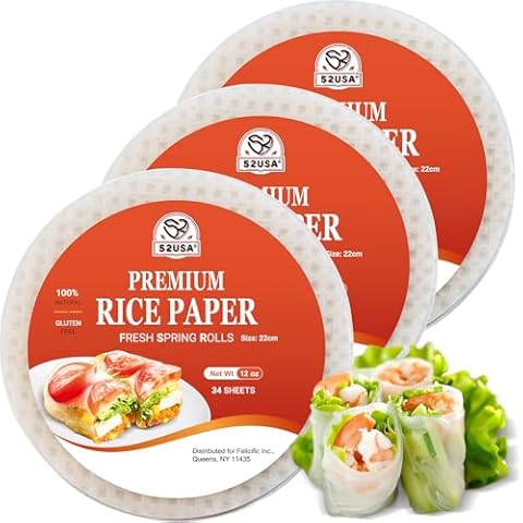 52USA Rice Paper, 3 Pack, Rice Paper Wrappers, Fresh Spring Roll Wrappers & Dumplings-102 Sheets, Gluten-Free Wonton Wrappers, Vegan, Low Carb, Vietnamese Rice Wraps (Round, 22cm) Cover