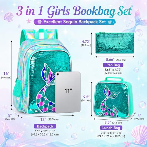 Image of 16 inch Mermaid Backpack for Girls, 3Pcs Sequin Fish Tail School Backpacks Set for Elementary Preschool Kindergarten, Kids Bookbag with Lunch Box (Green)