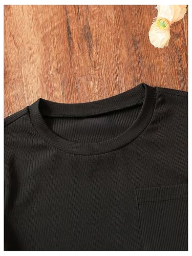 OYOANGLE Girl's Ribbed Knit T Shirt Crew Neck Short Sleeve Solid Casual Tee Tops with Pocket3
