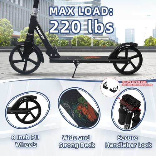 Nattork Kick Scooter for Kids 6+ Years Teens Adults - 220LB Weight Capacity, Front Shock Absorber and Adjustable Handlebar with 8" Sturdy Wheels, Grim Reapers Skeleton Ghosts for Halloween - image 3
