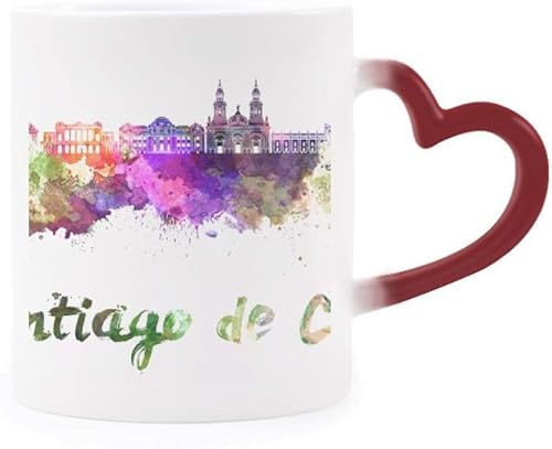 Taza sensible al calor de la ciudad de Santiago de Chile con diseño de acuarela de color rojo que cambia de color