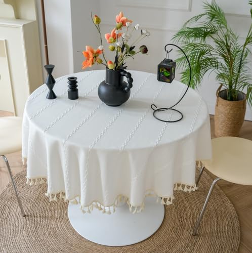 FANIVIN Nappe Ronde en Coton et Lin Dentelle à Pompons Lavable en Machine Blanc 120cm de diamètre