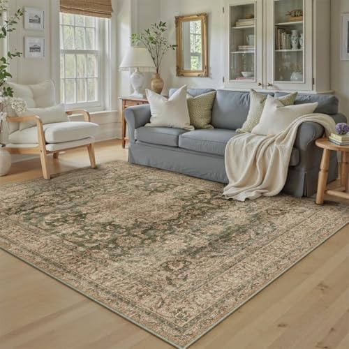 5x7 Washable Green Vintage Area Rug for Living Room Bedroom Traditional Low Pile Soft Carpet Non-Slip Thin Retro Distressed Accent Throw Rug for Dining Room Office Dorm Kitchen Indoor