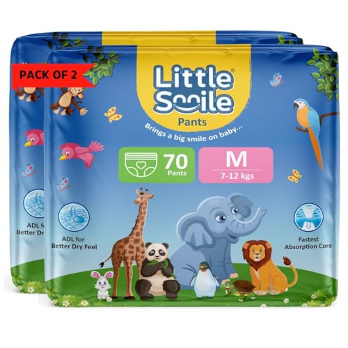 Image of Baby Diapers Pant Style | Size - M - 70 (Pack of 2) | Odorless and Antibacterial Layer with Urine Indicator (140 Pieces)