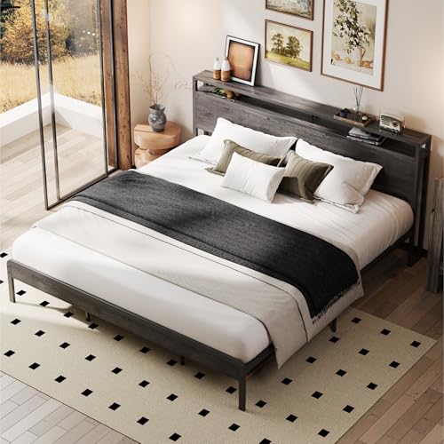 Image of LIKIMIO California King Bed Frame with Headboard, Dark Wood Camas California King with Strong Supports, Sturdy, Noise-Free, No Box Spring Needed, Grey