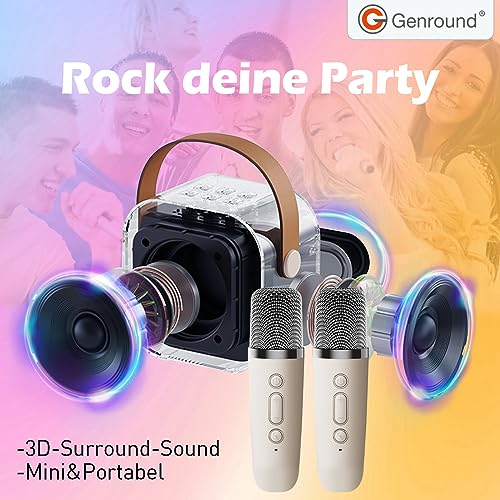 Genround Karaoke Maschine mit 2 Mikrofonen, Bluetooth Lautsprecher mit Gesangsentferner, 3 LED-Lichtmodi, Sprachwechse, Bluetooth Mikrofon für Kinder Erwachsene, Jungen Mädchen Geschenke (Beige)
