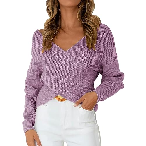 Genérico Camisolas casuais de manga comprida com decote em V para mulher, cruzadas com bainha assimétrica e ombros descobertos casacos de malha cores, Roxo, 3XL