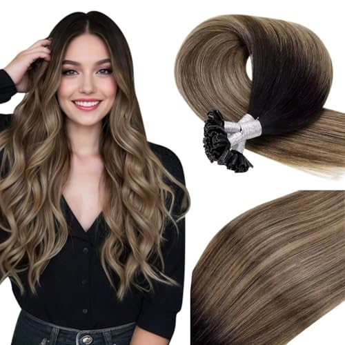 Vivien Balayage U Tip Hair Extensions Real Human Hair Brown 22 Inch Pre Bonded Extensions Nature Black Ombre Medium Brown with Blonde Invisible 50g 50s #1B/4/18