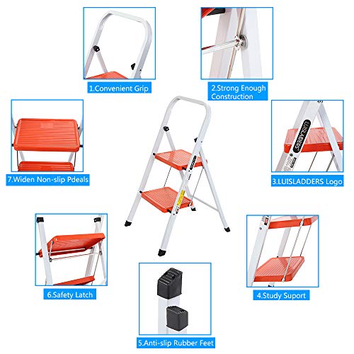 LUISLADDERS 2 Step Ladder Folding Step Stool Heavy Duty Ladders with Handgrip Anti-Slip Sturdy and Wide Pedal Multi-Use for Home and Kitchen 330lbs