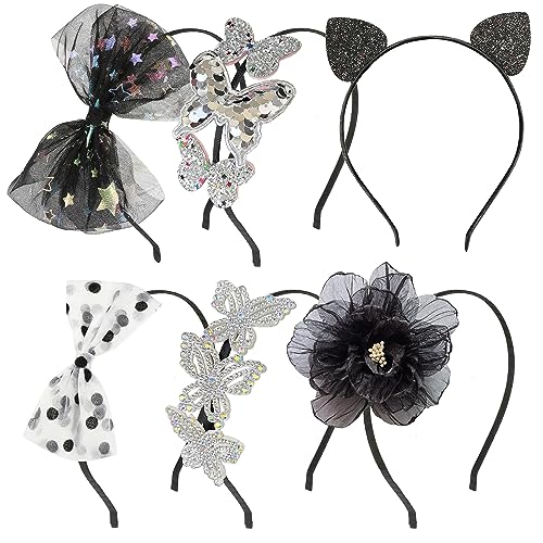 6pcs Little Girl Black Halloween Headband Butterfly Headband Bow Hair Hoop for Girls Teens Toddlers Kids Child Flower Hairbands Party Hair Accessories
