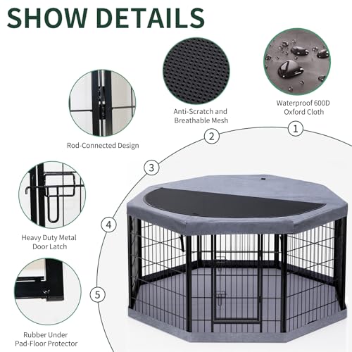 Image of PETIME Dog Playpen,Metal Exercise Puppy Pen Heavy Duty Kennels Yard Fence Indoor /Outdoor 27 inch W x 32 inch H 8 Panels Dog Cage with Octagon Top Cover and Bottom Pad