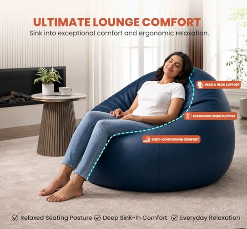 Image of Sattva Classic 2XL Bean Bag Chair with Beans Filled | Sofa Style Faux Leather Beanbags with Beans | Pre-Filled Bin Bags Sofa & Beam Bag for Adults | Home & Office, Navy Blue