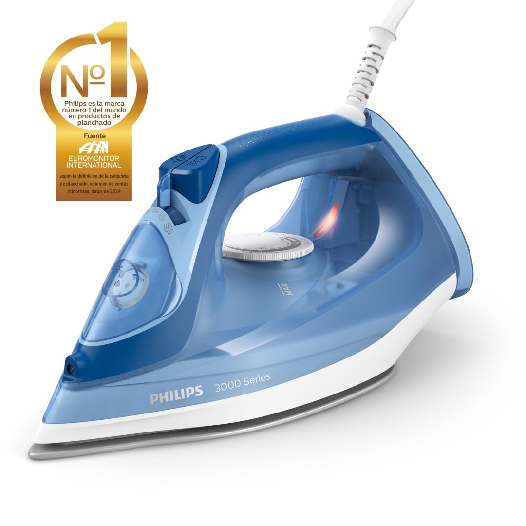 Visita la tienda de Philips Philips Plancha de vapor Serie 3000-2400 W, potencia de vapor constante de 40 g/min, golpe de vapor de 180 g, suela de cerámica, vapor vertical, color azul (DST3031/20) in use