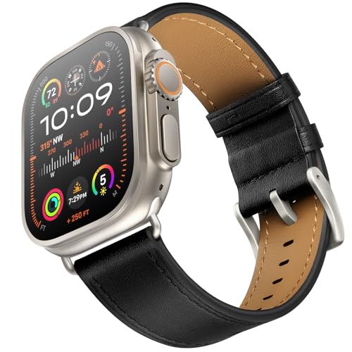 OUHENG Compatible with Apple Watch Band 46mm/49mm/42mm/44mm/45mm, Genuine Leather Strap Replacement Band Compatible with iWatch Ultra 2/1 Series SE/4/5/6/7/8/9/10/3/2/1 Classic Black Titanium