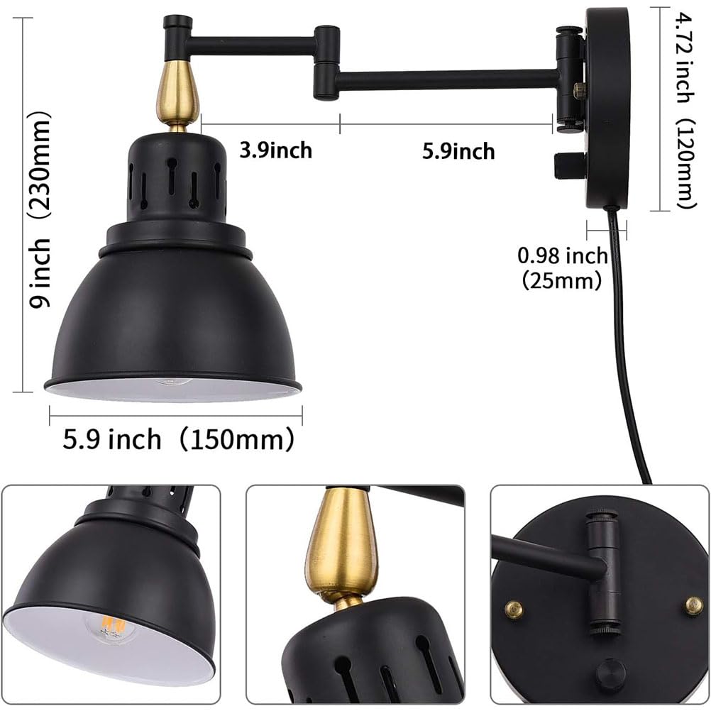 Vintage Wandleuchte Dimmbar mit Schalter Innen Wandlampe Verstellbar 2 Schwenkbar Arm Schwarz Industrial Retro Lampe Wand aus Metall E27 Wandleuchte mit Stecker und Kabel für Wohnzimmer Schlafzimmer