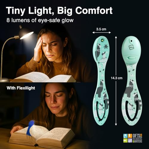 Image of Gifts for Readers & Writers Book Light, Clip On Reading Light for Bed, 2in1 Flexilight & Bookmark, Small & Lightweight with a Soft Glow, 2 Batteries Included, Llama