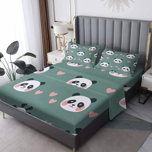 MPNVYU Kid Sheets Cal King Sheet Set, Cute Panda Bed Sheets, Kawaii Black White Bear Bedding Bedroom Decor, Soft Microfiber Deep Pocket Fitted Sheet & Flat Sheet & 2 Pillowcases