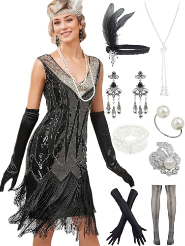 Image of Peacock-inspired 1920s Gatsby Beaded Flapper Sling Dress Womens Vintage Cocktail Dress W /Complete Accessories Set