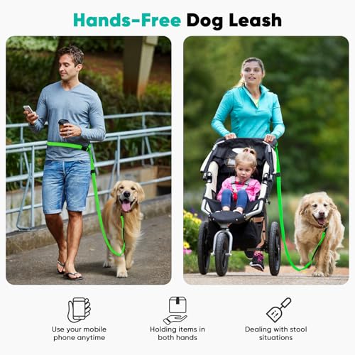 Petbobi Hands Free Dog Leash - Durable Bungee Leash with Padded Handles, Adjustable Waist Belt with Reflective Stitches for Running Walking Jogging Hiking, Fit for Small Medium Dogs, Green, 5.5\'-7\'