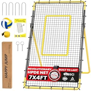 Happy Jump 7×4 FT Portable Volleyball Rebounder Net, 5 Adjustable Angles Bounce Back Trainer, Heavy-Duty Steel Frame & 45-Ply Net, Target Practice Training Equipment, Includes Volleyball