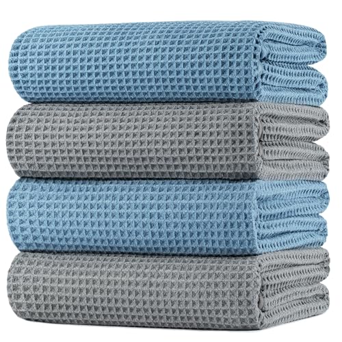 POLYTE 430 GSM Polyester Polyamide Microfiber Oversize Quick Dry Lint Free Bath Towel, 60 x 30 in, 4 Pack (Waffle Weave)