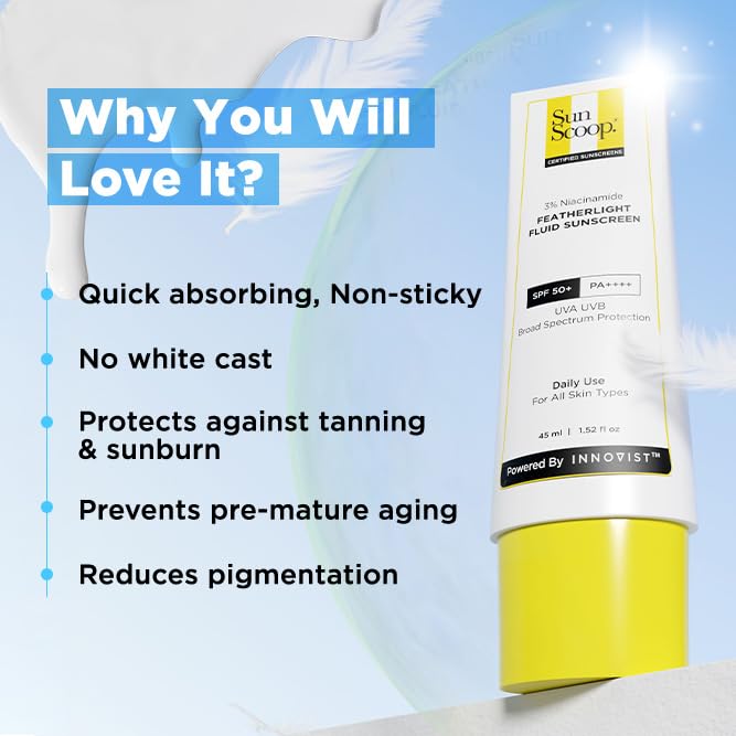 Image of SunScoop 3% Niacinamide Fluid Sunscreen SPF 50+ PA++++ Broad Spectrum| In-Vivo Tested| Lightweight & Non greasy| Prevents Tanning| No White Cast| Non-Comedogenic| For All Skin Types (45ml-Pack of 2)