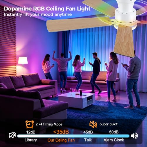 Image of JSAITEE 52in Flush Mount Ceiling Fans with Lights Low Profile, White RGB | Ceiling Fans with Lights Flush Mount Low Profile, Reversible Motor, 3CCT Dimmable, Noiseless, 6 Speeds, White Modern