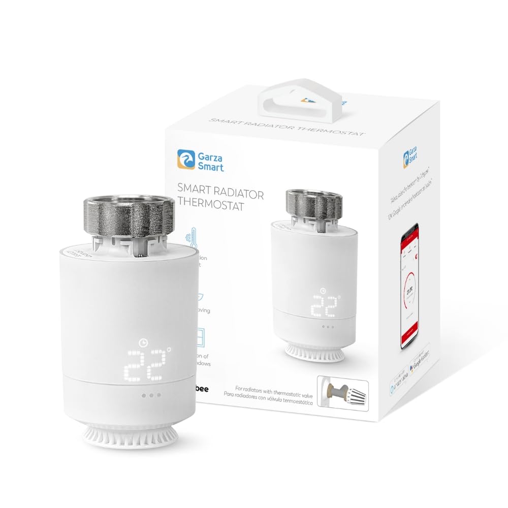 Garza - Cabezal Termostático Inteligente Zigbee para Válvula Termostática de Radiador. Regulador de Temperatura, Control Calefacción, Pantalla LED, Programable, Blanco, Control por app, Alexa y Google