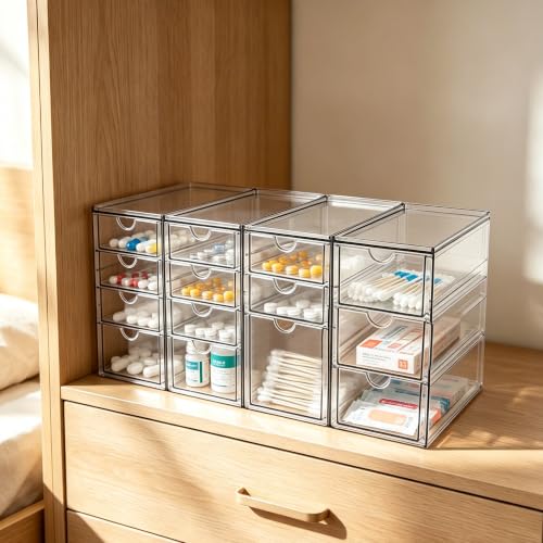 Image of Prsildan Acrylic Desk Organizers with 14 Drawers, Stackable Makeup Storage | Anti-slip Clear Storage Bins, Vanity Organizer for Craft Bead Crayon Nail, Bathroom Kitchen Office Organization, 4 Pack