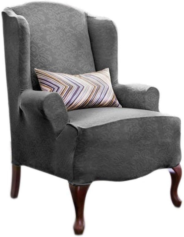 Stretch Shorty Studio Sized Wing Chair Slipcover Set Furniture Protector (Grey)
