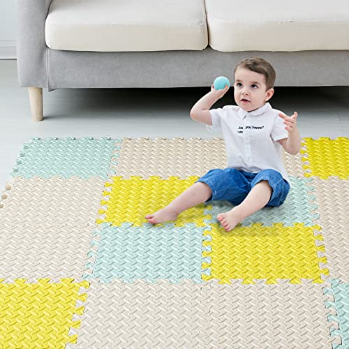 Image of Tamiplay Foam Floor Mats for Kids, 12 x 12 Inch 16 Tiles 0.4" thickness Foam Play Mat, Non-Toxic Square Interlocking Floor Mats Rubber Baby Play Mat for Toddlers(Beige/Yellow/Bean Green)