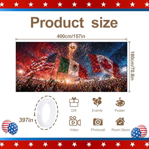 Image of Soccer Fans Garage Door Cover 157x70 Inch Large USA Mexico Canada Flag Fireworks Banner Backdrop for 2026 Sports Party Tailgate Game Day Outdoor Wall Hanging Tapestry Decor