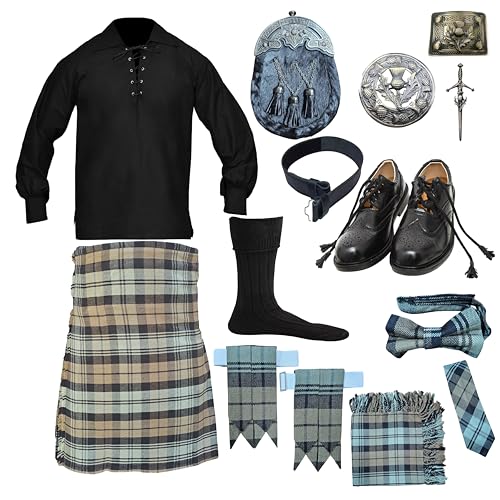 Men’s 13-Piece Scottish Kilt Outfit Set – Choose Tartan – Kilt, Shirt, Sporran, Brogues, Belt, Socks, Fly Plaid & More