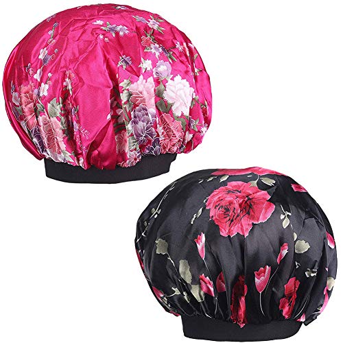 NALCY 2 Piezas Gorro de Satén de Banda Ancha, Gorra de Dormir de Noche Suave Gorro de Noche para Proteger Mujeres Niñas Cabello (Negro y Rojo Rosado) Cover