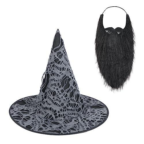 ITODA Halloween Witch Hat Funny Beard Set Ruched Wizard Hat Pointed Witch Costume Headwear Fake Whisker Facial Hair Fancy Dress Cosplay Accessory for Adult Halloween Carnival Black - Image 2